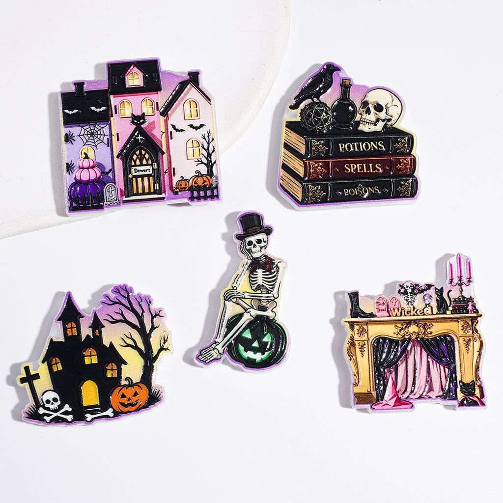 Spooky Halloween Castle, Skull, Skeleton, Magic Book & Fireplace Acrylic Beads, Random Mix
