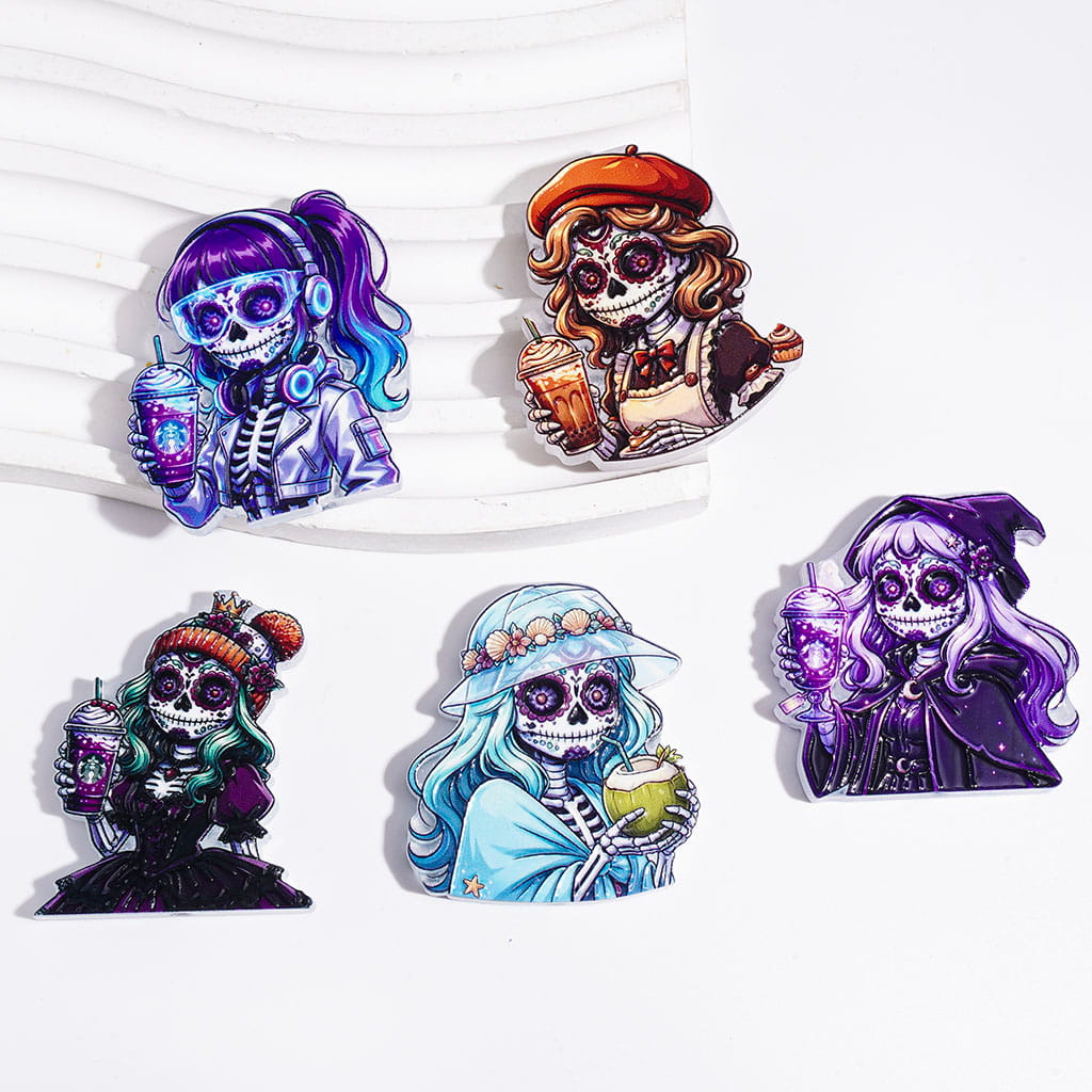 Spooky Day of the Dead Girl Skull Skeleton Holding Coffee Cup Halloween Theme Acrylic Beads, Random Mix