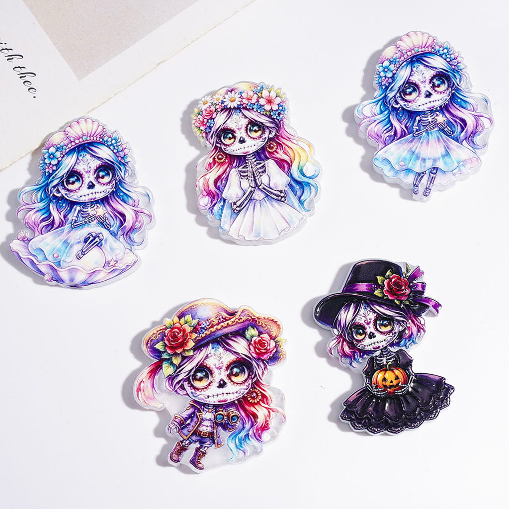 Magical Colorful Skull Skeleton Girl Wearing Garland & Floral Hat Acrylic Beads, Random Mix