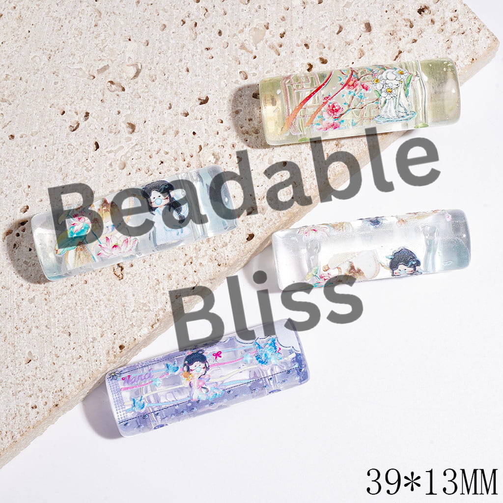 Clear Oval Shaped Cylinder Acrylic Beads with Baby Girl Doll Blowing Bubble Print, Two Holes, 39*13MM Random Mix