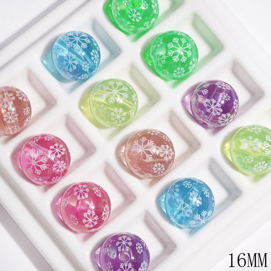 Clear Acrylic Beads for Bracelets with White Snowflake, UV Finish, 16MM, Multi-Color, Random Mix
