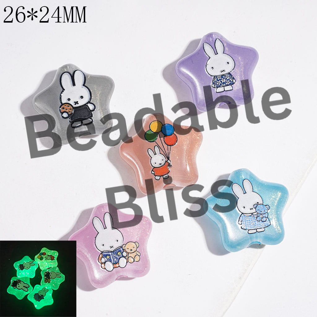 Star Acrylic Beads Cat Eye Style and Luminous, with Gold Glitter & Classic White Bunny Character Prints, 26*24MM, Multi-Color, Random Mix