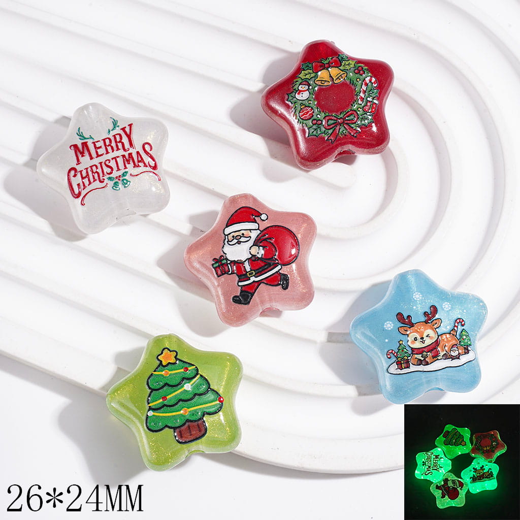 Cat Eye Style Luminous Acrylic Beads, Star Shape with Gold Glitter & Christmas Elements Prints, 26*24MM, Various Colors, Random Mix