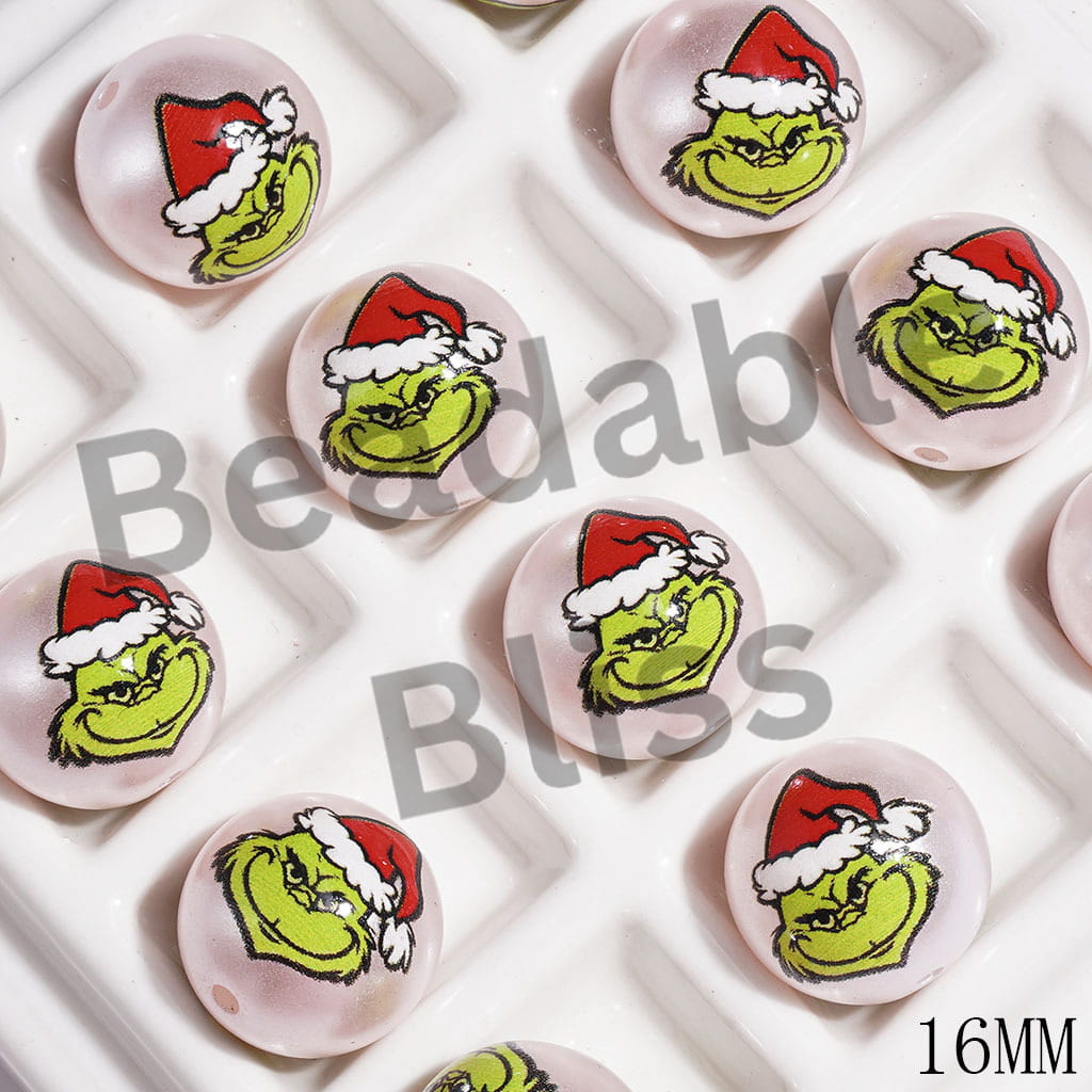 Christmas Green Character with Red Hat Acrylic Beads for Bracelets, Pearlized Pink, 16MM