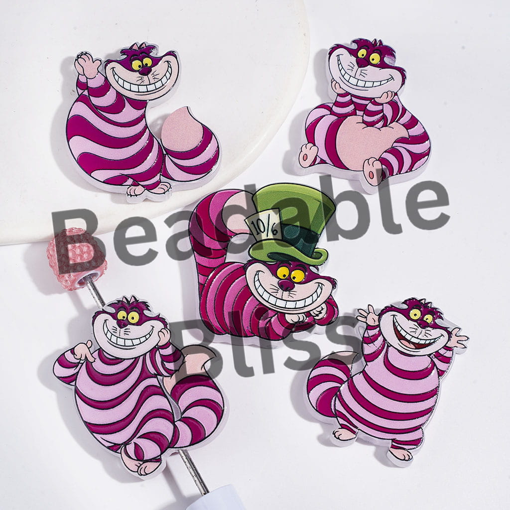 Acrylic Beads with Pink and Purple Stripes Laughing Cat Character, Random Mix