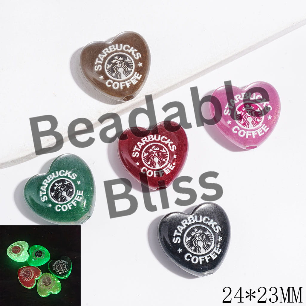 Acrylic Beads Luminous Cat Eye Style Heart with Coffee Girl Print and Gold Glitter, 24*23MM, Multi-Color, Random Mix