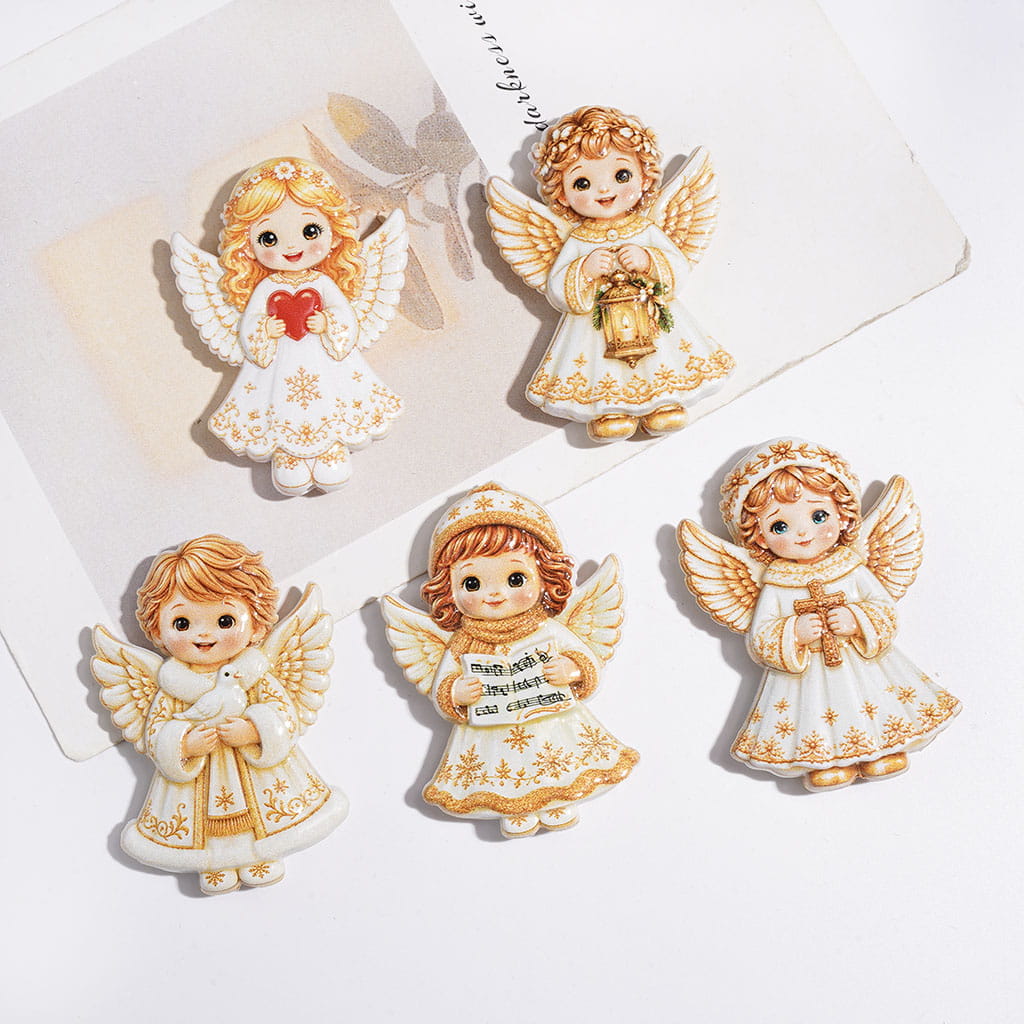 Acrylic Beads Orange Style Angel with Wings Holding Diverse Items, Religious Series, Random Mix