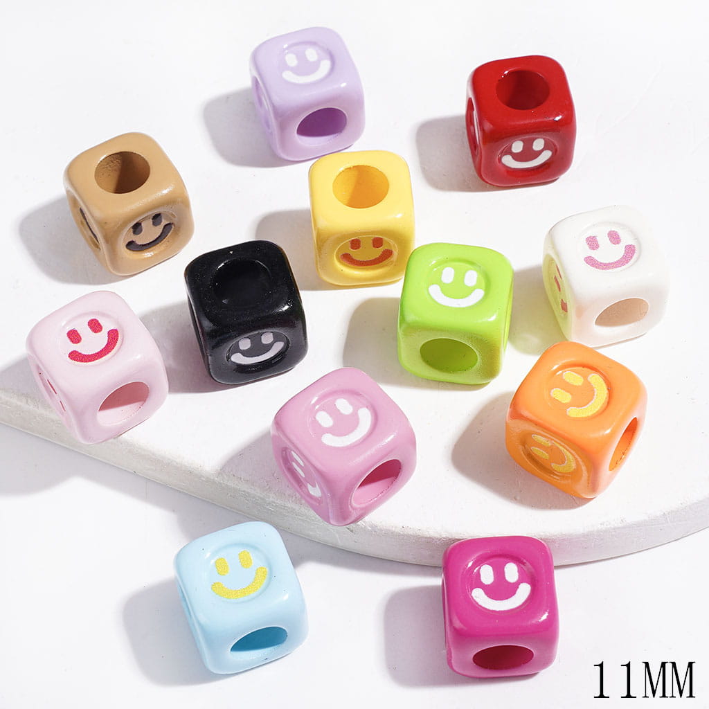 Cheerful Smiley Face Cube Square Shaped Acrylic Beads in Assorted Colors, Big Hole Beads, 11MM, Random Mix (The Hole Diameter is Around 6.2MM)