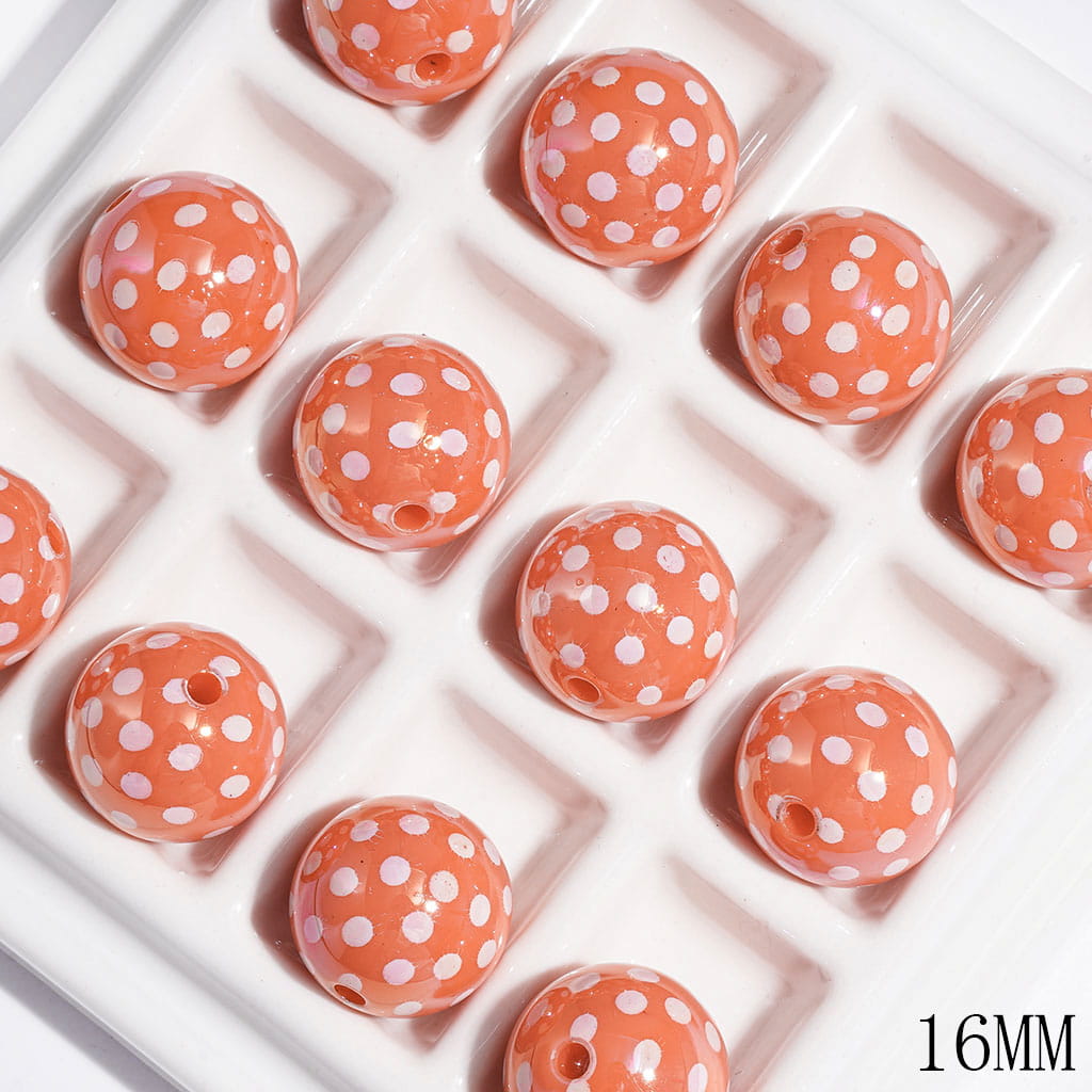 UV Finish Bright Orange Color with White Polka Dot Designs Round Acrylic Beads for Bracelets, 16MM