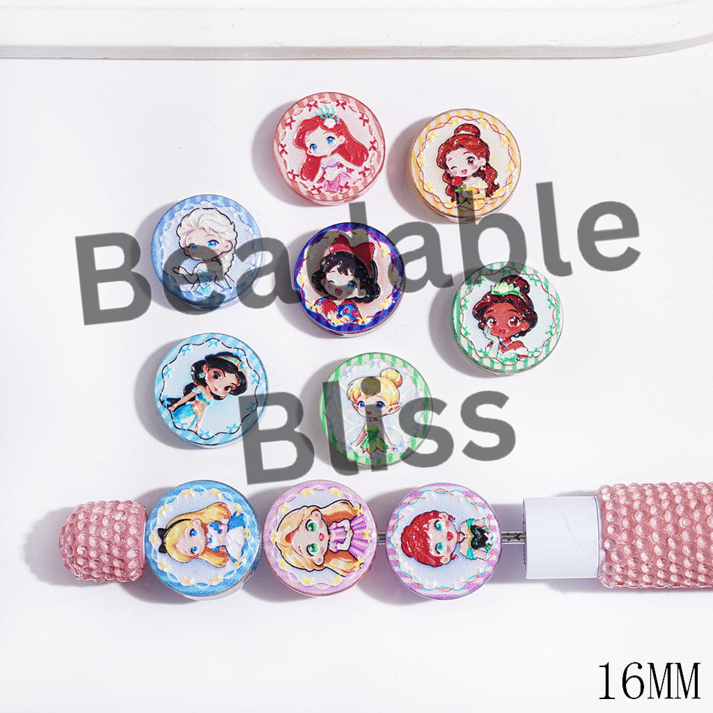 Semi-Clear Acrylic Beads with Beautiful Princess Print, Flat Round Shape, 16MM, Random Mix