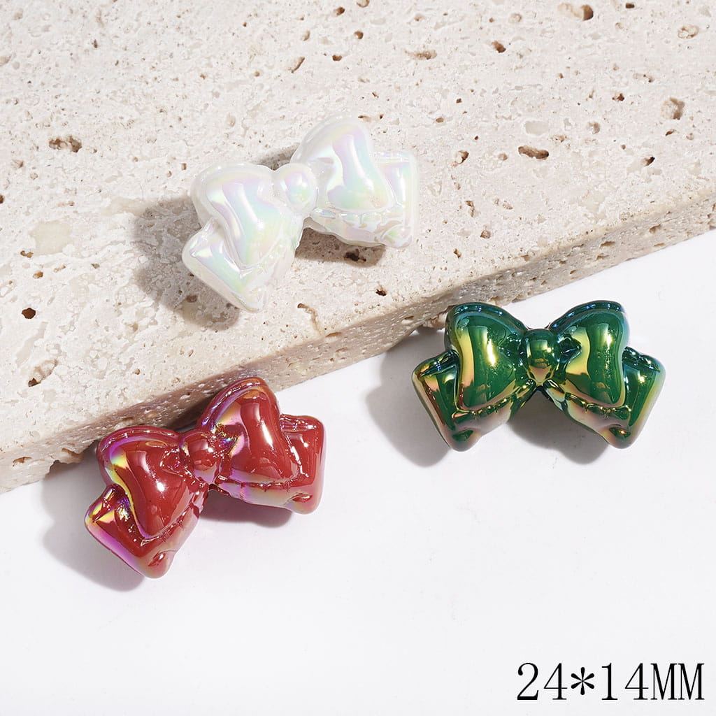 UV-Coated Classic Christmas Red, Green, and White Tones Festive Double-Layer Bowtie Acrylic Beads, 24*14MM, Random Mix