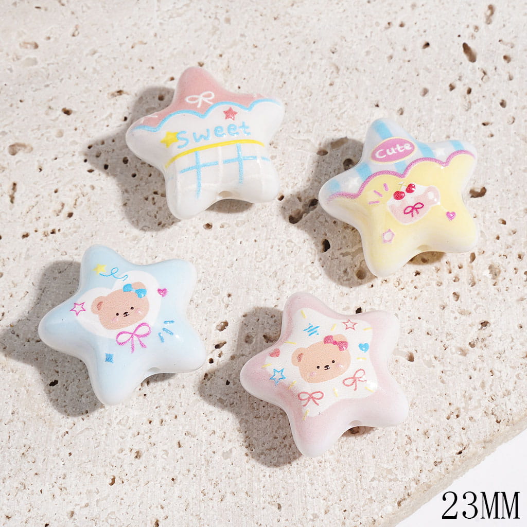 Playful Bear Character with Cute Bow Design Printed Star-Shaped Acrylic Beads, 23MM, Random Mix