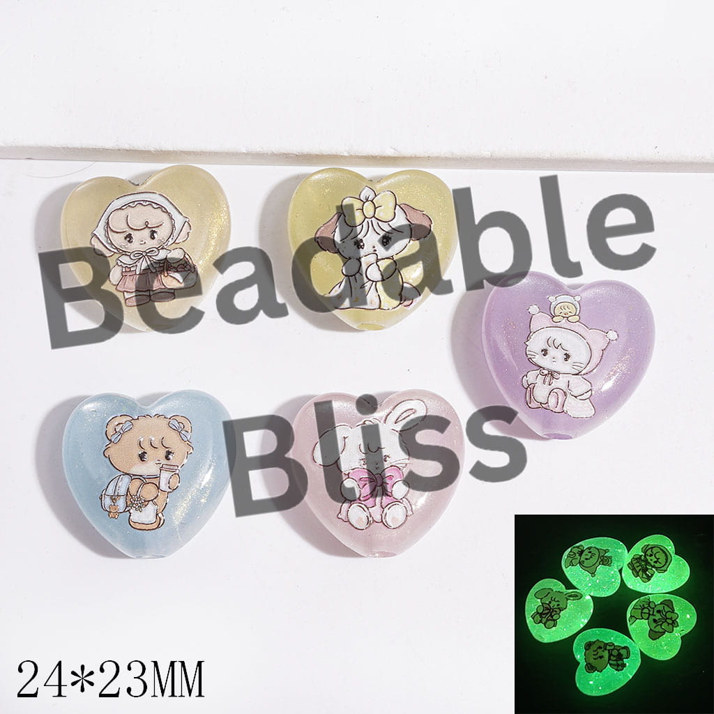 Japanese Sweet Girl Illustration Animal Series Acrylic Beads, Heart Beads Luminous and Cat Eye Style, 24*23MM, Random Mix