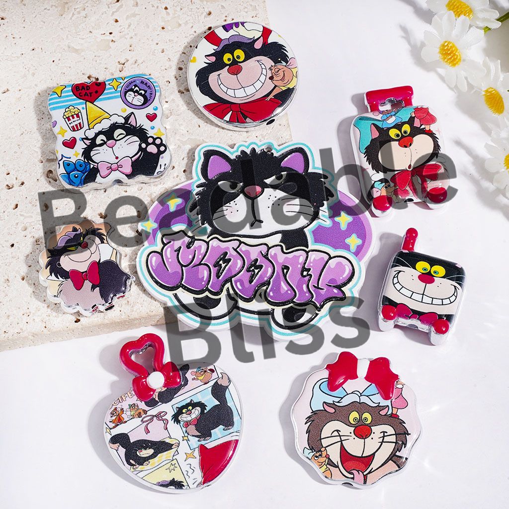 Acrylic Beads and Pendants Black Rebellious Cat Character Series, Random Mix