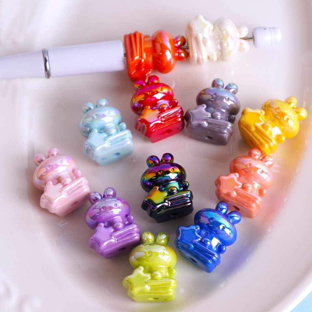 Cute Bunny Rabbit UV Coating Shiny with Star Acrylic Beads, Around 20*24MM, Random Mix