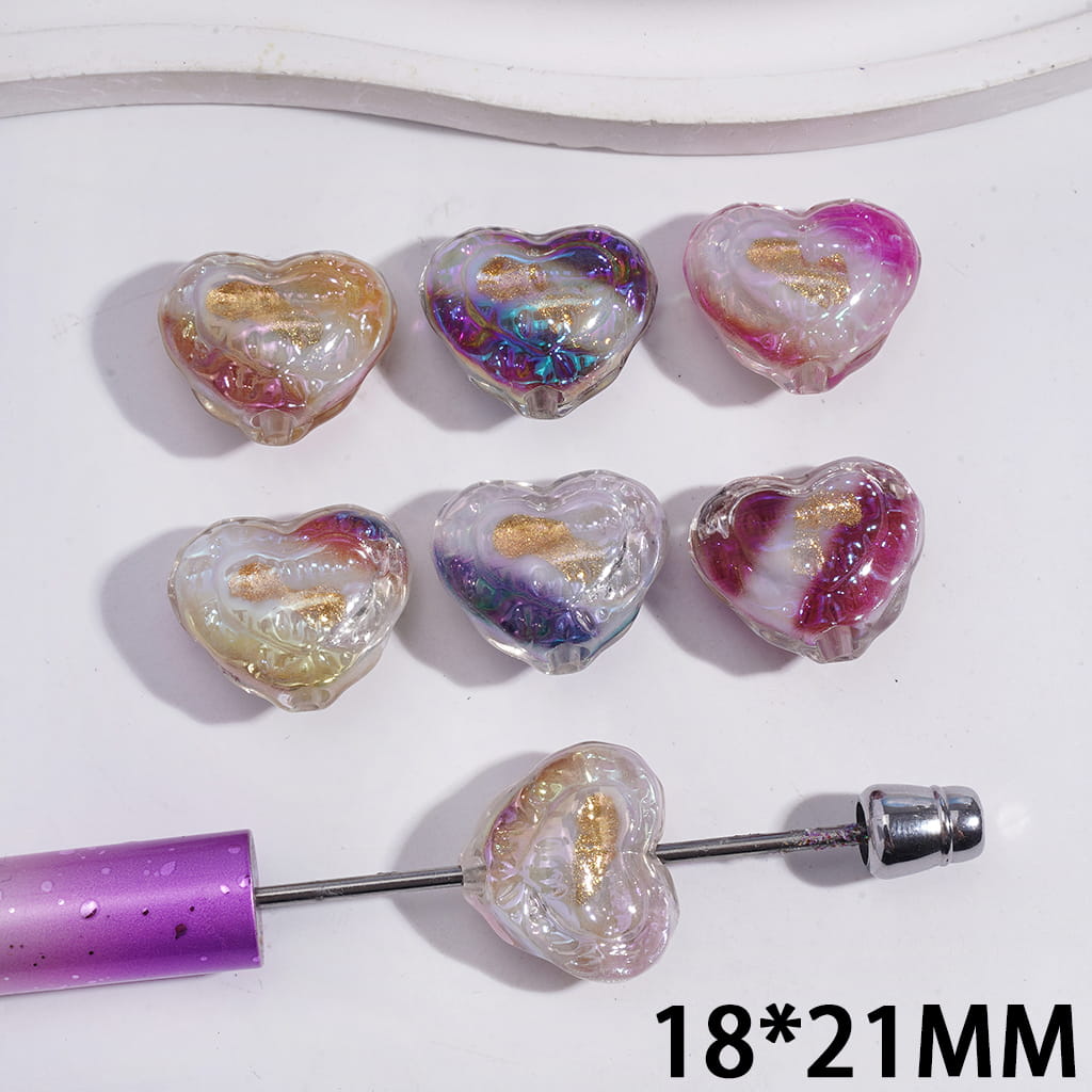 UV Coated Shell Flakes & Gold Foil Inside Heart Shape Acrylic Beads 18*21MM Random Mix