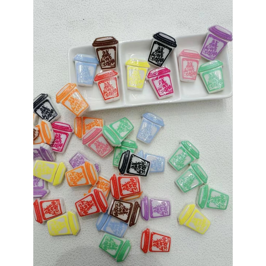 Colorful Cute Coffee Cup Bottle Acrylic Beads, Around 30*25MM, Random Mix