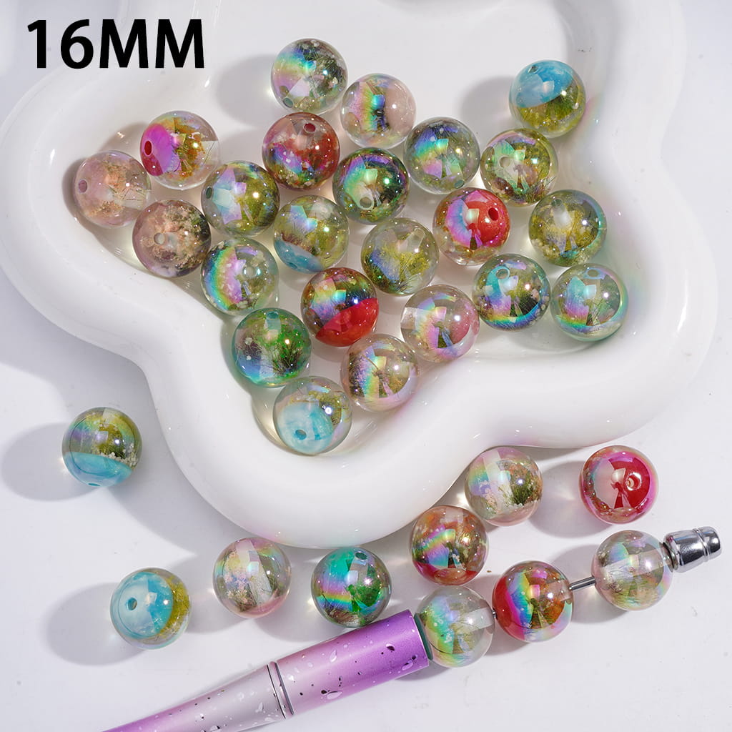 UV Coating with Flower & Grass Embedded Inside Semi-Clear Round Acrylic Beads for Bracelets 16MM Random Mix