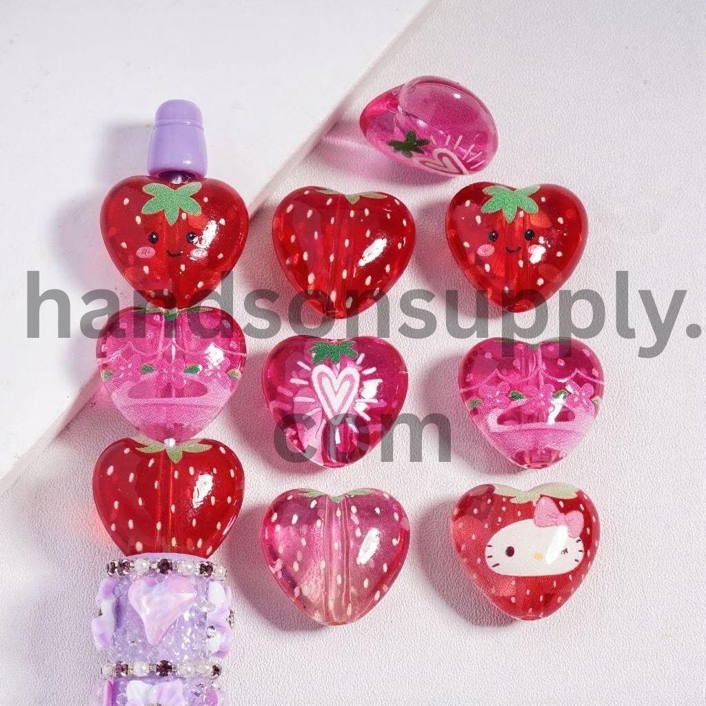 Cute Happy Face Cat Character Strawberry Shiny Heart Shape Acrylic Beads 18*20MM, Random mix