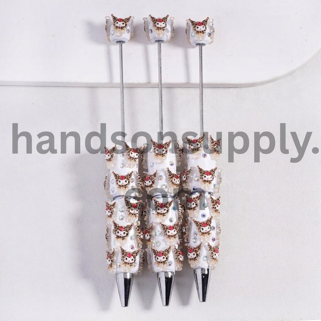 Cute Character Design Leopard Print with White Pearl & Sparkling AB Rhinestones Beadable Clay Pen