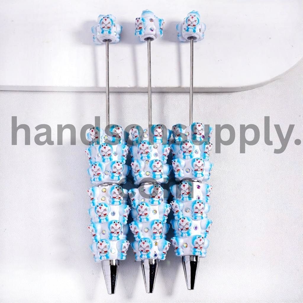 Cute Blue Robot Cat with Paws Together & AB Rhinestone Bling Bling Beadable Clay Pen