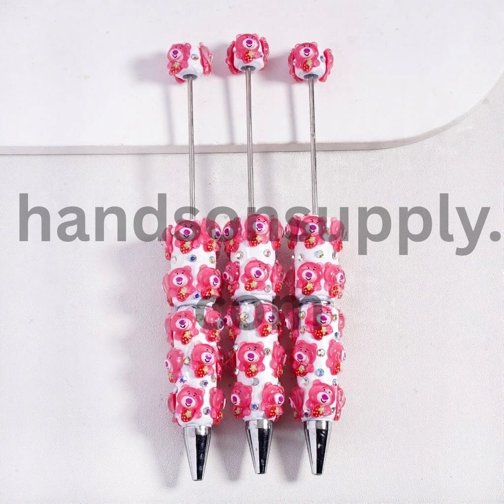 Cute Pink Strawberry Bear Beadable Clay Pen with Sparkling AB Rhinestones & White Pearl
