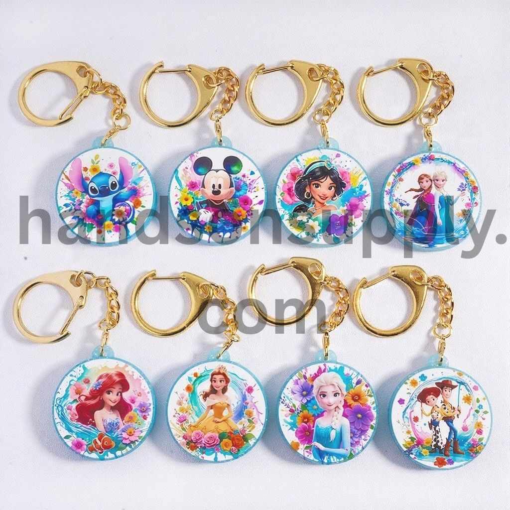 Lobster Clasp with Resin Charm Pendant, Classic Animation Series, Flat Round Shape, Metal Keychain Random Mix