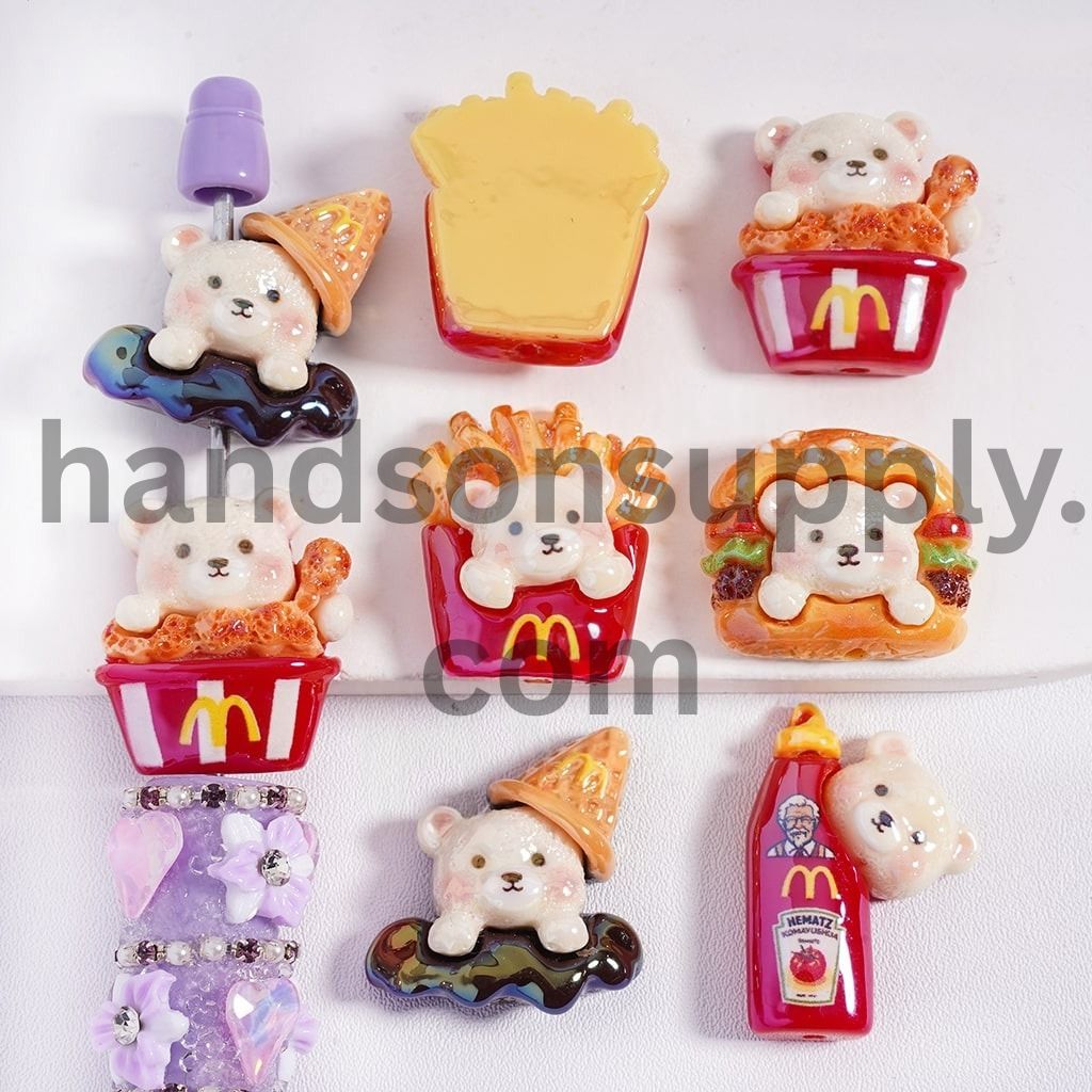UV Coated Glossy Cute Bear & Fast Food Shapes Flat Back Acrylic Beads Random Mix