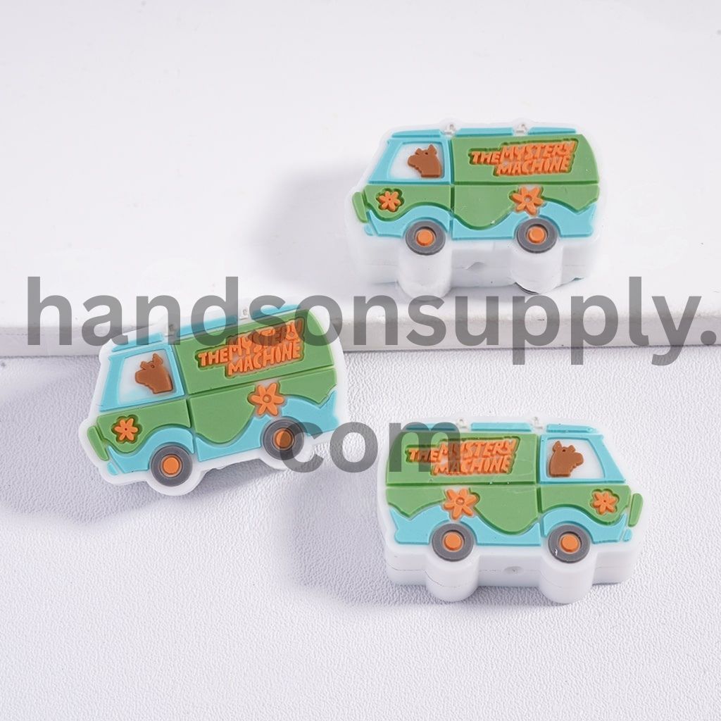 Brown Great Dane Dog Character in Minibus with “The Mystery Machine” Text Silicone Focal Bead