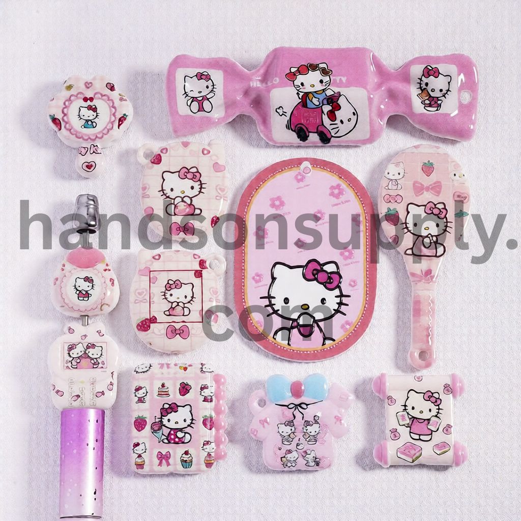 Cute Cat Cartoon Character Pink Theme Print in Different Shape & Designs Acrylic Bead Random Mix