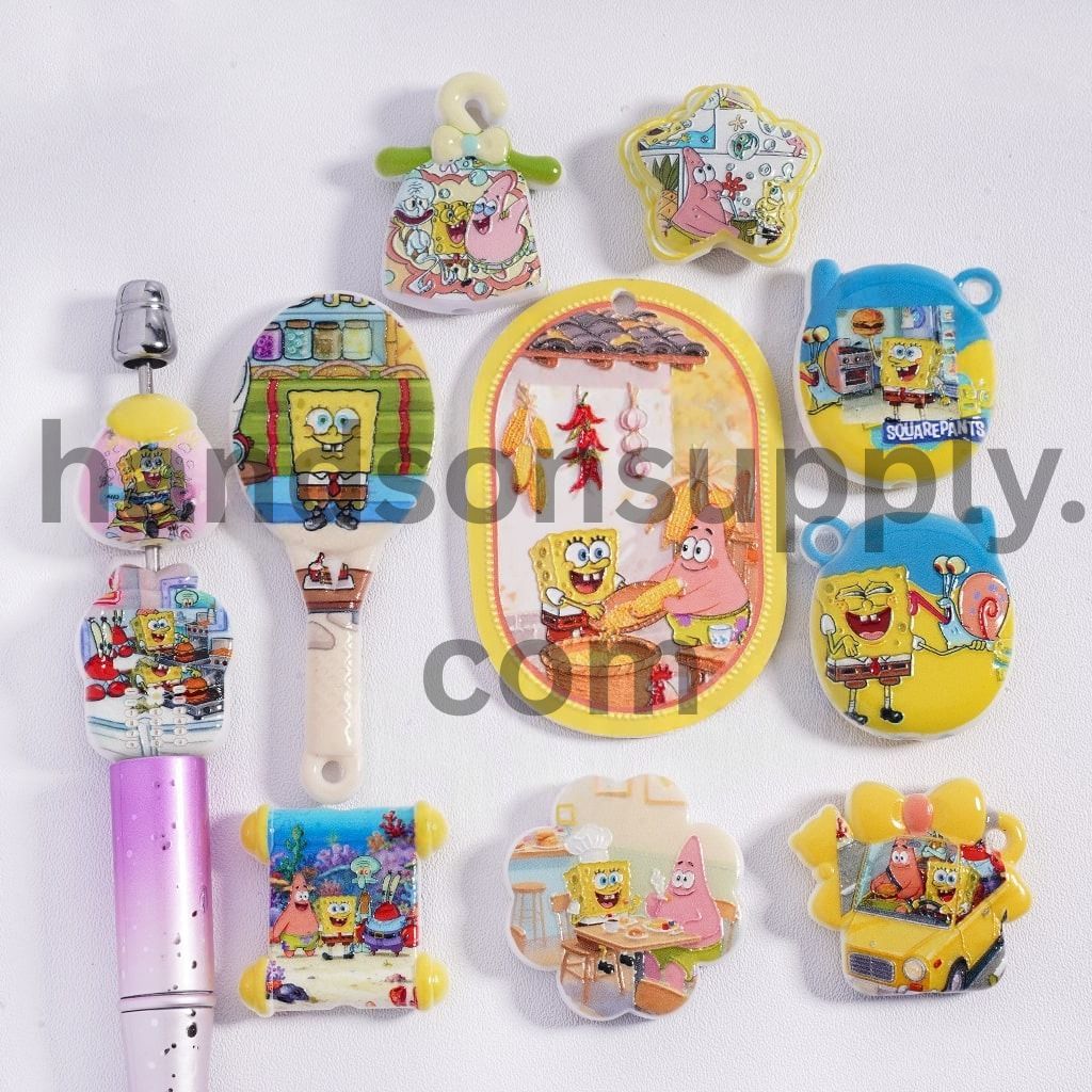 Concavo-Convex Yellow Sponge Baby Character Series Print in Different Shape & Designs Acrylic Beads Pendant Random Mix