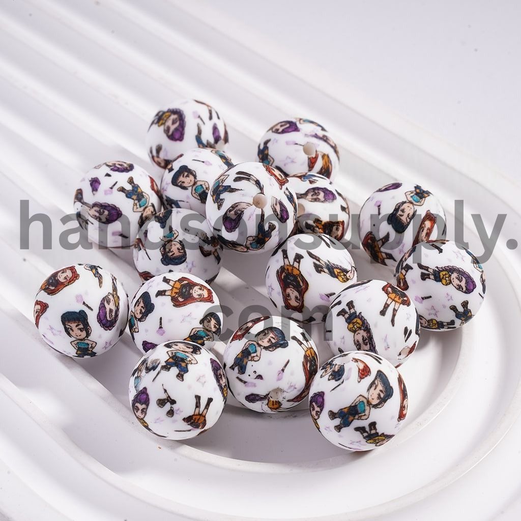 Soft Round Printed Silicone Beads with Girl Band Designs 15mm
