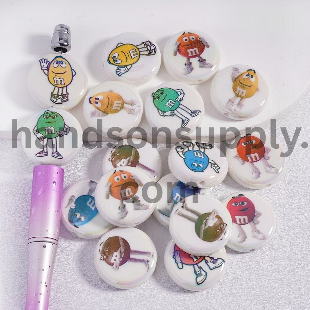 UV‑Coated Flat Round White Acrylic Beads with Candy Chip Prints in Various Gestures 23mm Random Mix