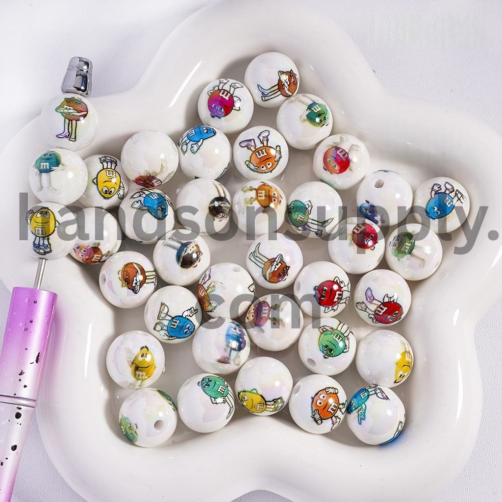 UV‑Coated Candy Chip Pattern Prrint Round White Base Acrylic Beads Bracelet Random Mix Random Mix