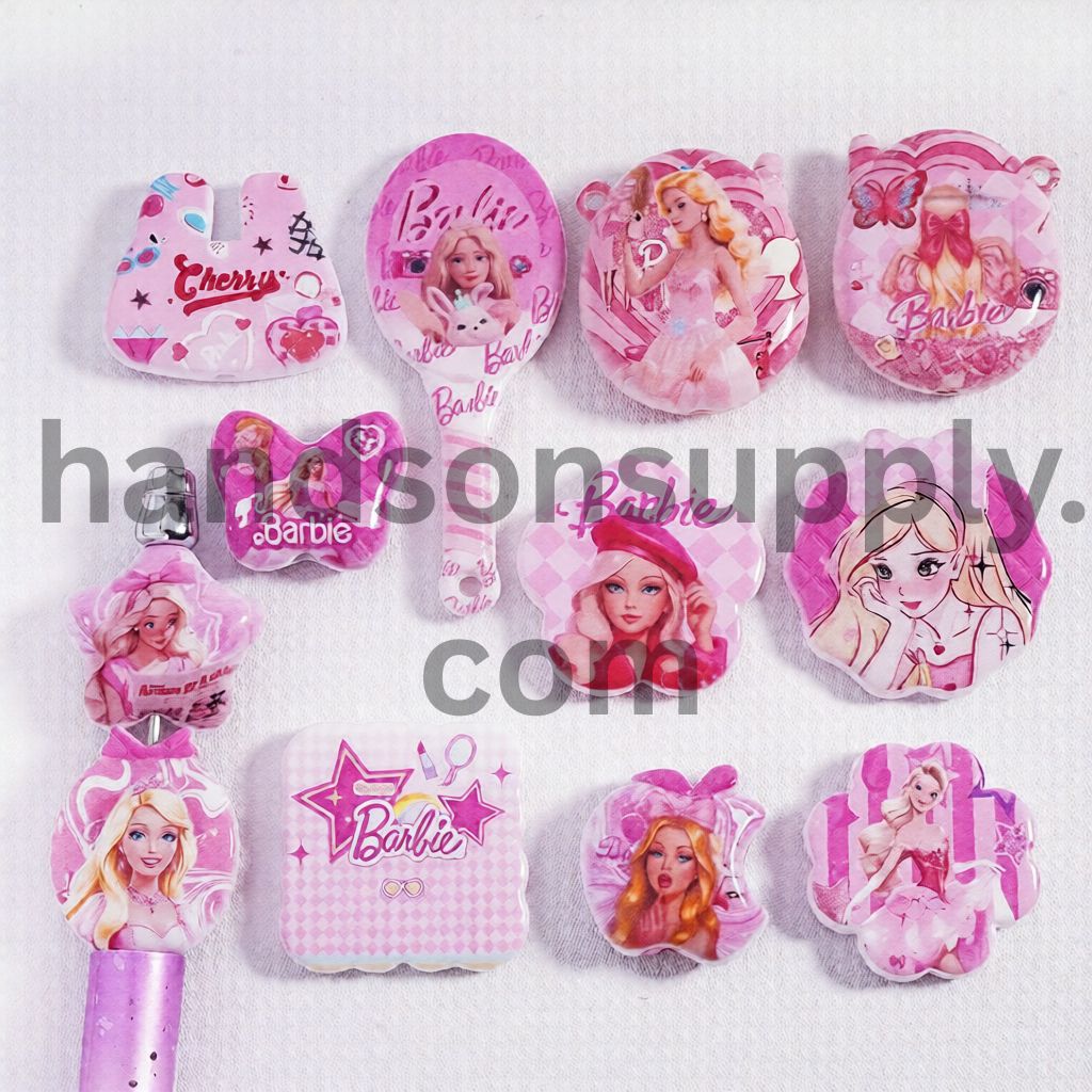 Pink Fashion Doll Series Theme Prints, Different Shapes, Acrylic Beads Pendant Random Mix