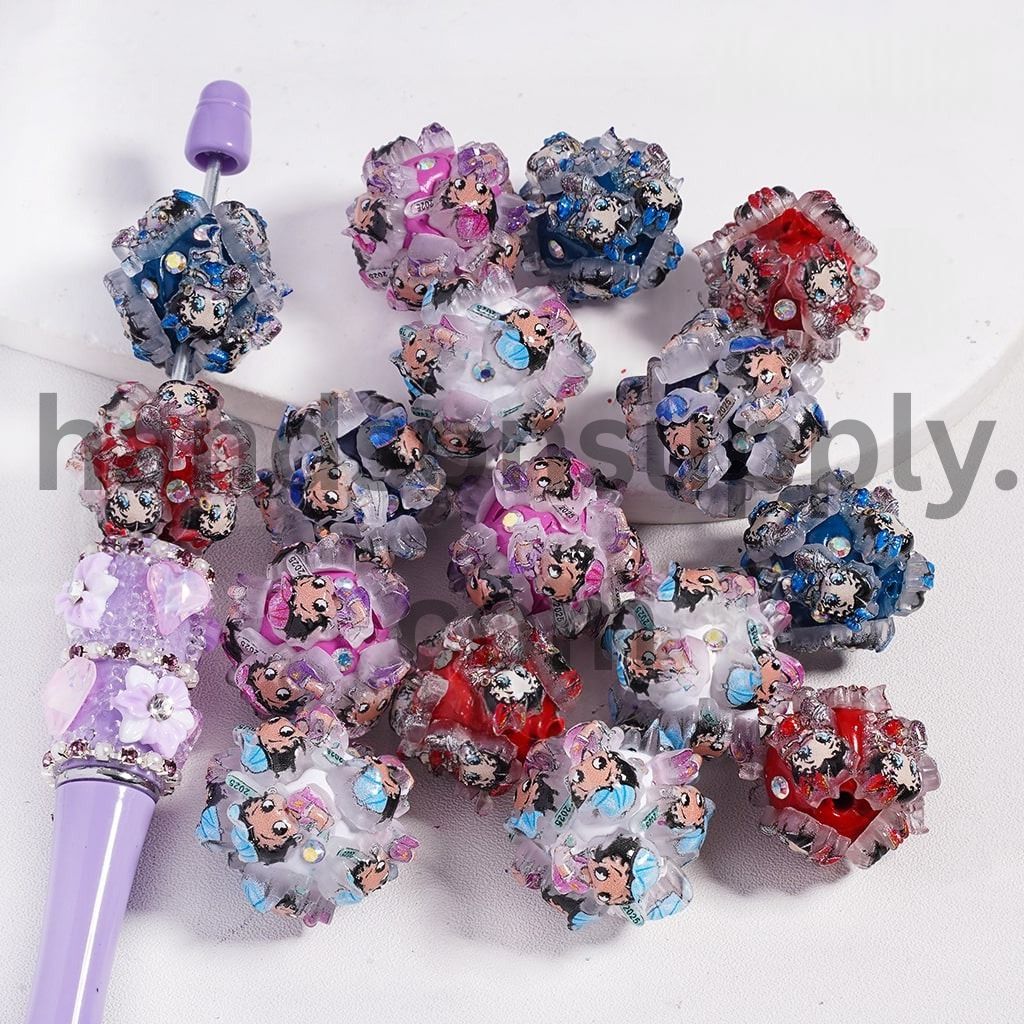Old Girl Character Wearing Bowtie & Hat with Multi‑Color AB Rhinestones Round Clay Beads 24MM Random Mix
