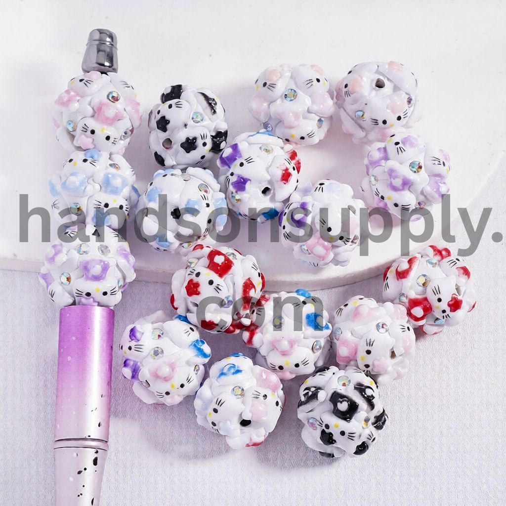 Cute Sitting Cat with AB Rhinestones Round Clay Beads 20mm Random Mix