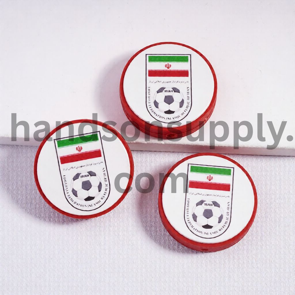 Iran Football Soccer Team Design Print Flat Round Shape Silicone Focal Beads