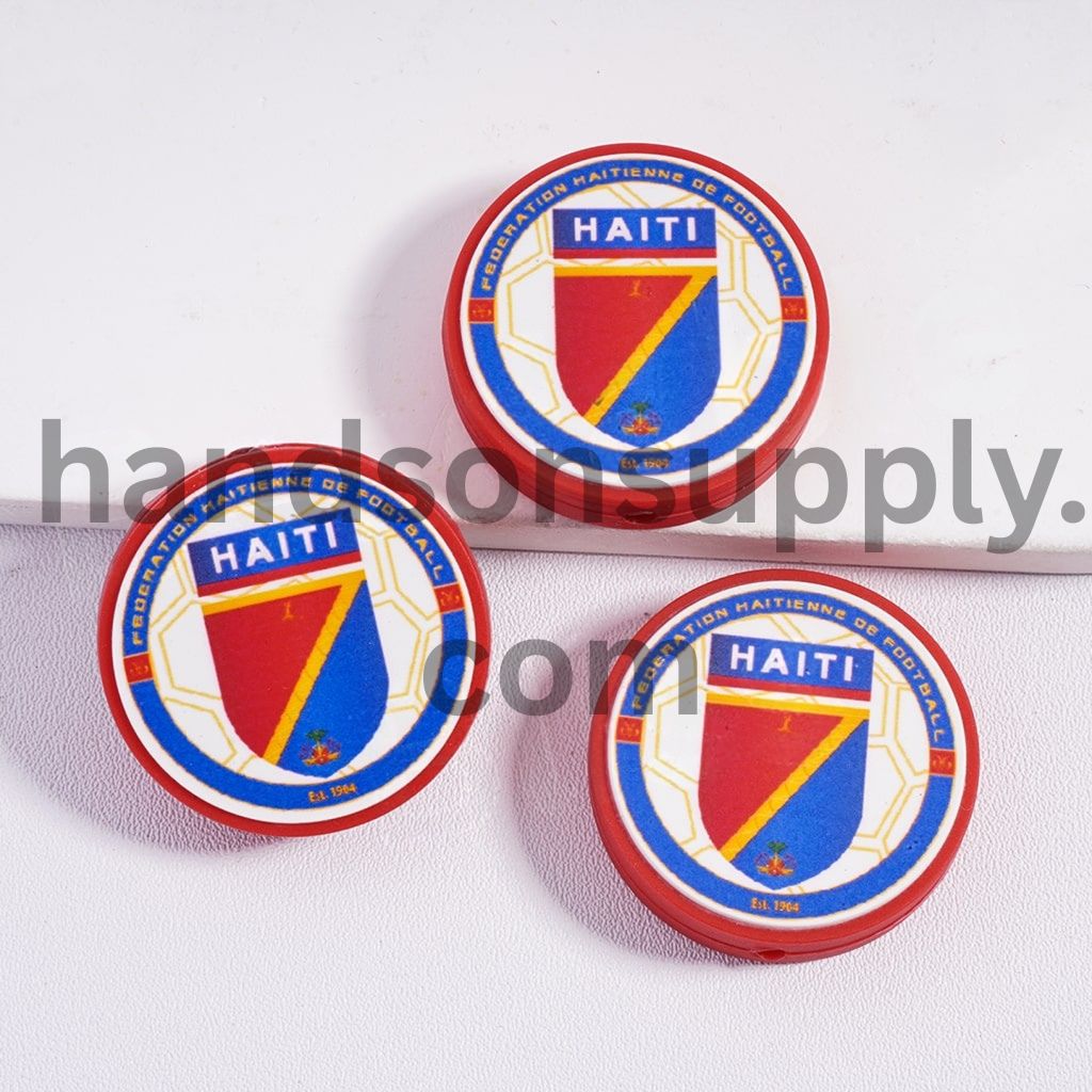 Haiti Football Soccer Team Design Print Flat Round Shape Silicone Focal Beads