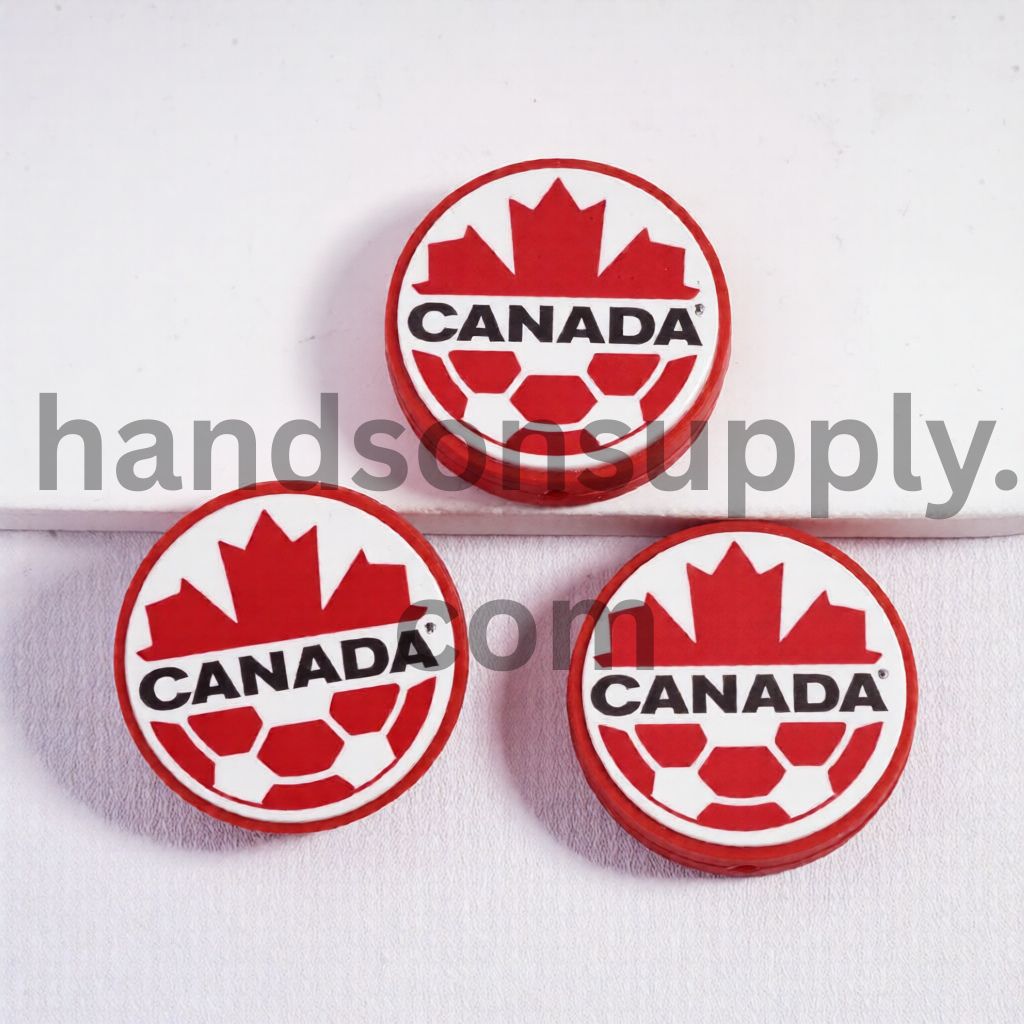 Canada Football Soccer Team Sport Theme Print Flat Round Shape Silicone Focal Beads
