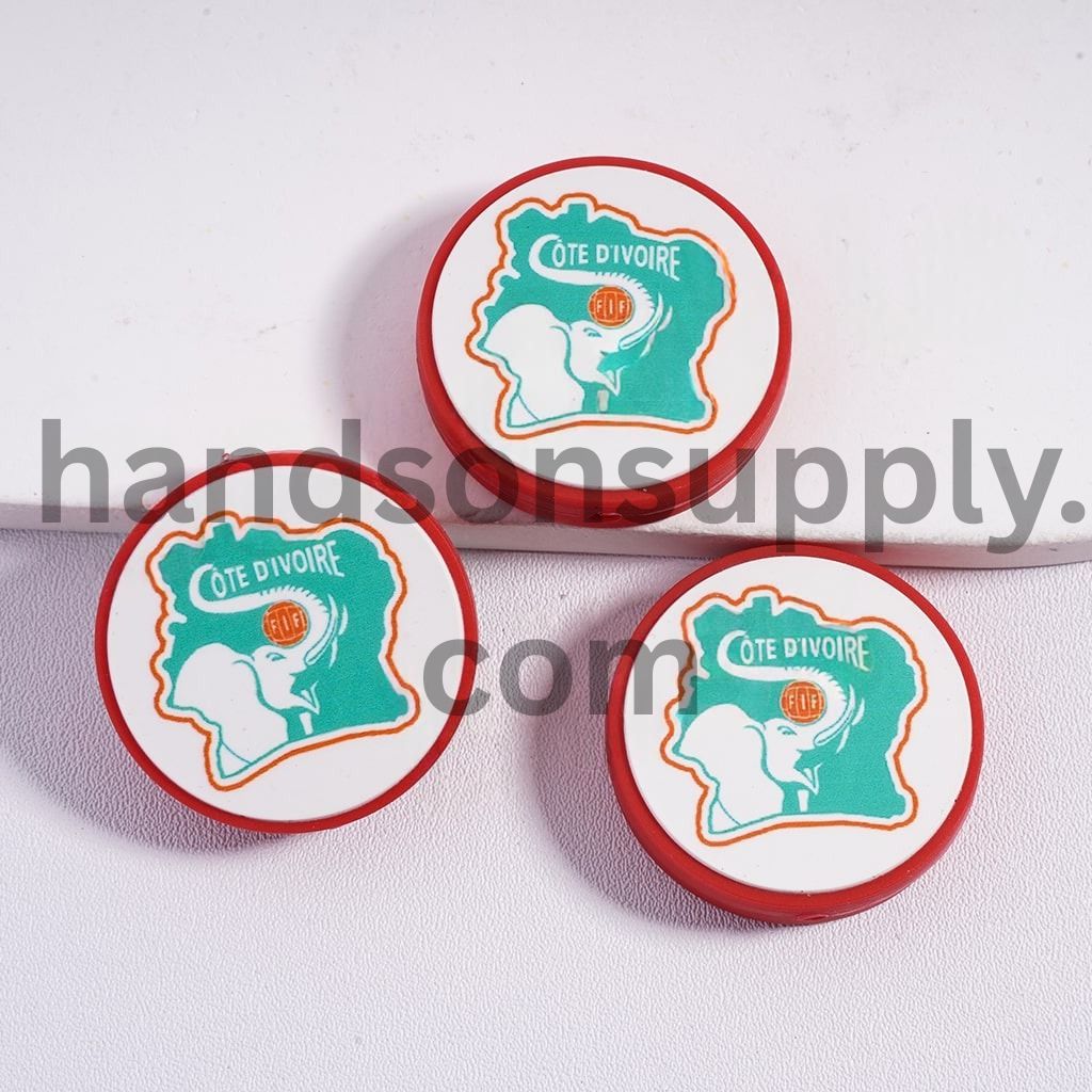 Ivory Coast Football Soccer Team Sport Theme Print Flat Round Shape Silicone Focal Beads