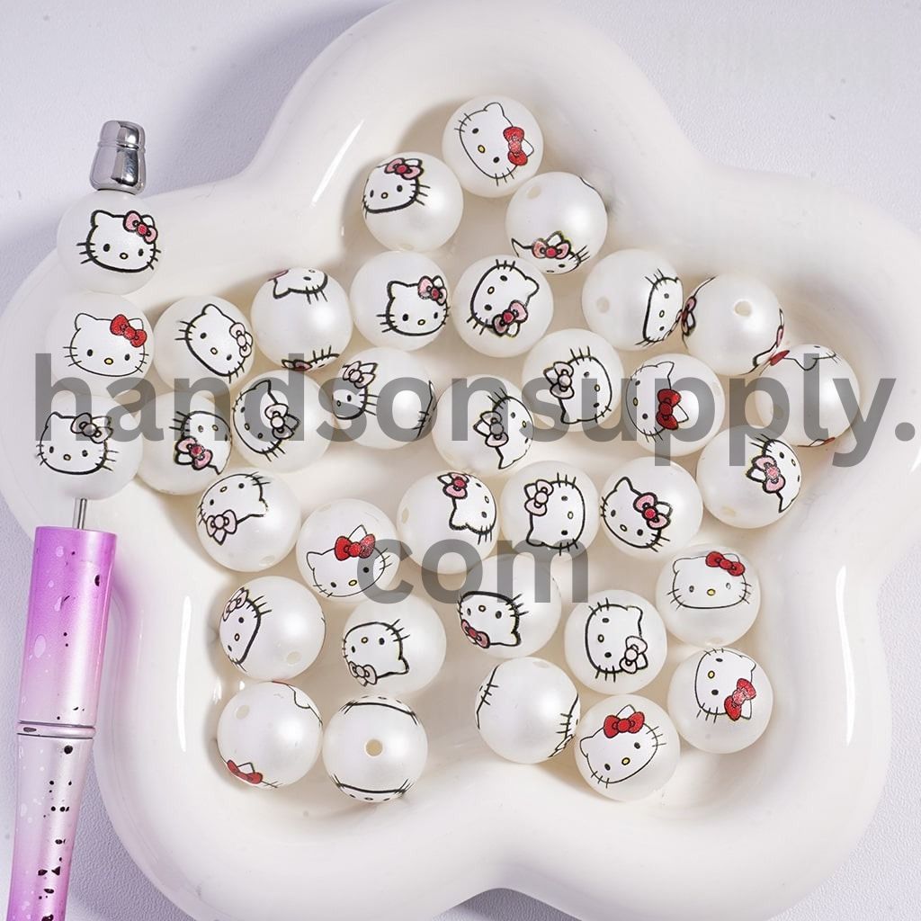 Cute Cat Character Head Print with Colorsful Bowtie, Acrylic Beads for Bracelets 16MM, Random Mix