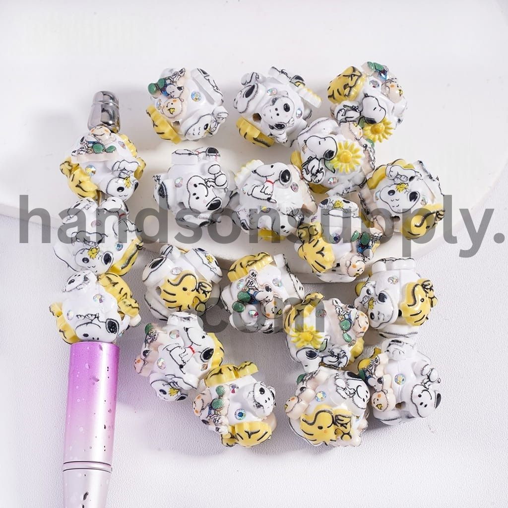 Yellow & White Beagle Dog & Boy Character with AB Rhinestones Round Clay Beads 20mm