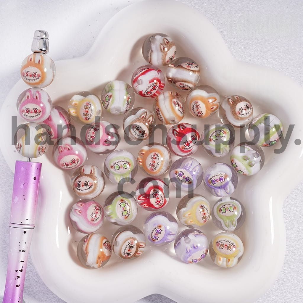 Two Monster Doll Series Embedded Inside Bead Semi‑Clear, Round Acrylic Beads for Bracelets 16mm Random Mix
