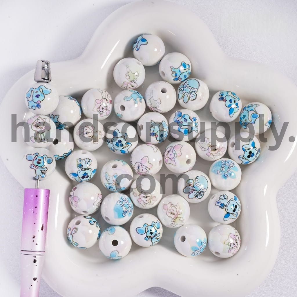 UV‑Coated Blue & Pink Dalmatian Dog Print on White Round Acrylic Beads 16mm Random Mix