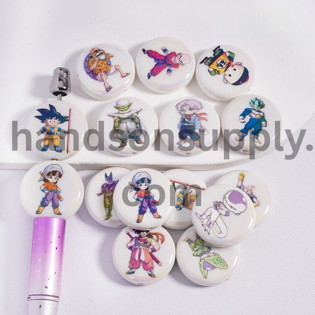 UV Coated Kung Fu Animation Print on White Flat Round Acrylic Beads 23MM Random Mix