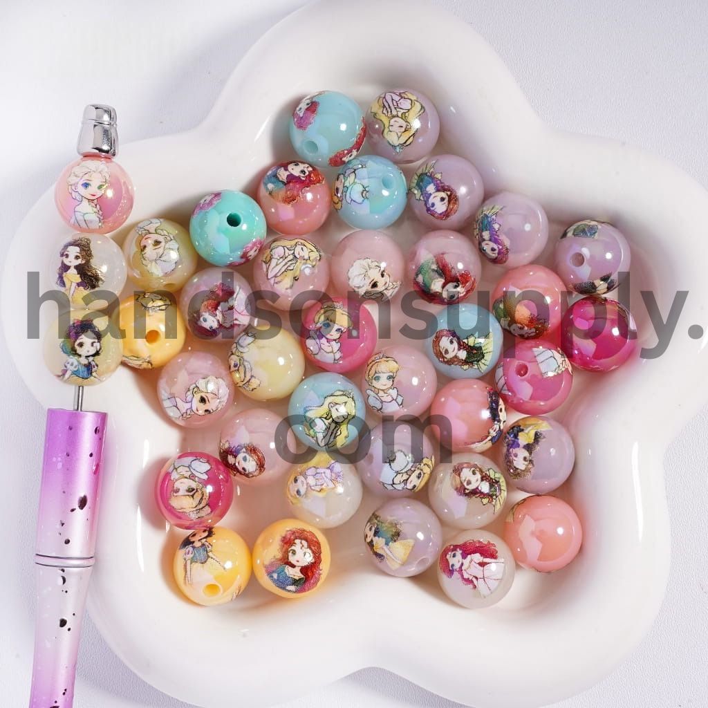 UV Coated Beautiful Princess Character Candy Color Round Shape Acrylic Beads for Bracelets 16MM Random Mix
