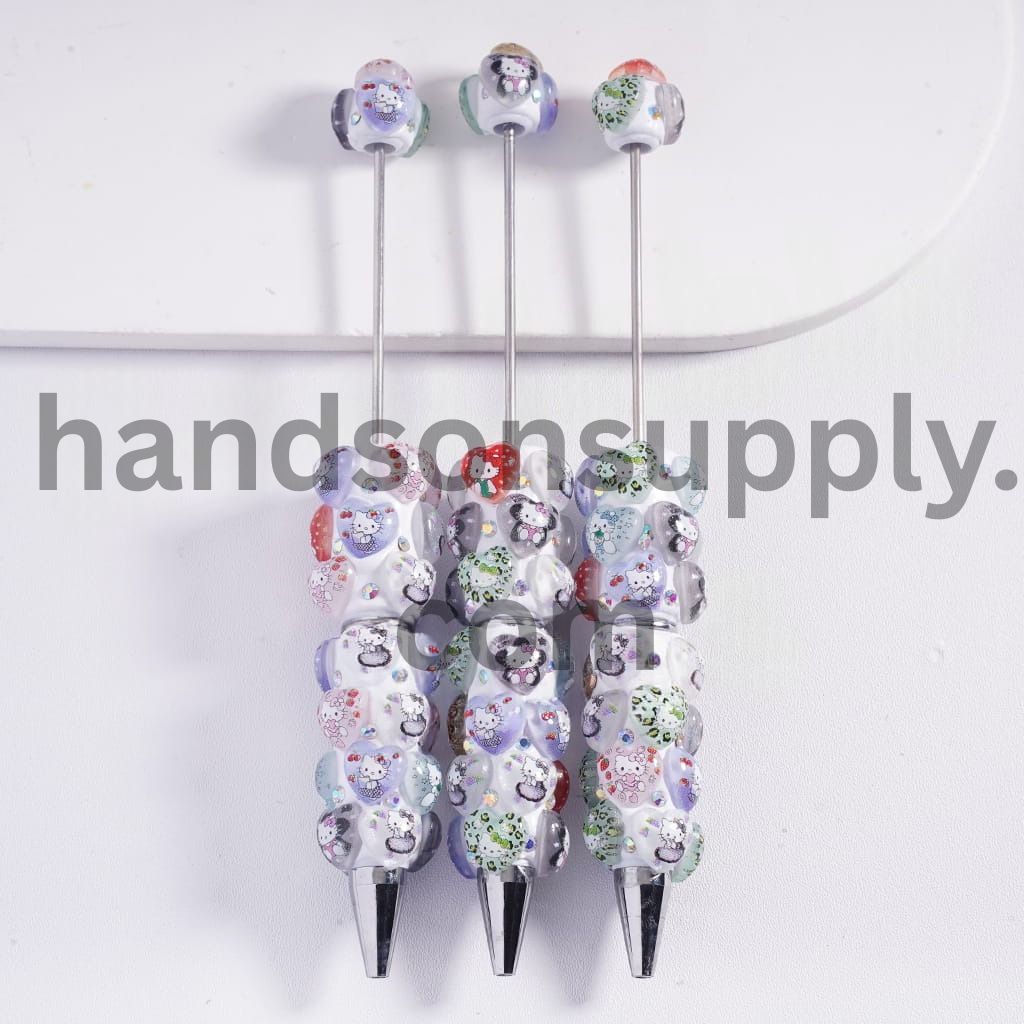 Leopard Heart with Cute Cat Character Pattern & AB Rhinestone Beadable Clay Pens
