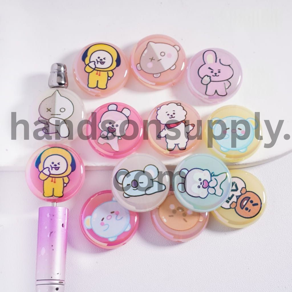 UV-Coated Korean Boy Group Print Candy Color, Flat Round Acrylic Beads 23MM Random Mix