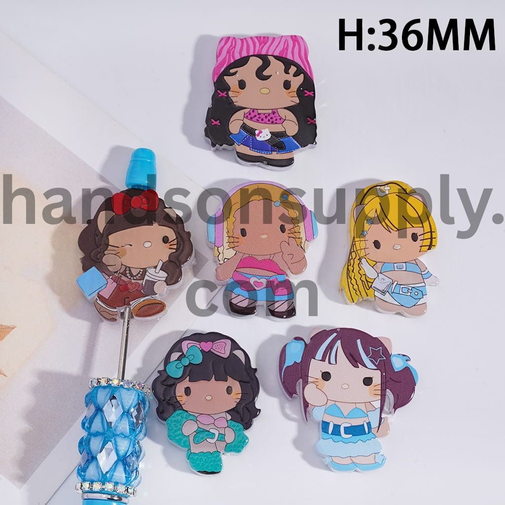 Cute Cat K‑Pop Girl Group Characters, Flat Back Acrylic Beads 36MM Random Mix